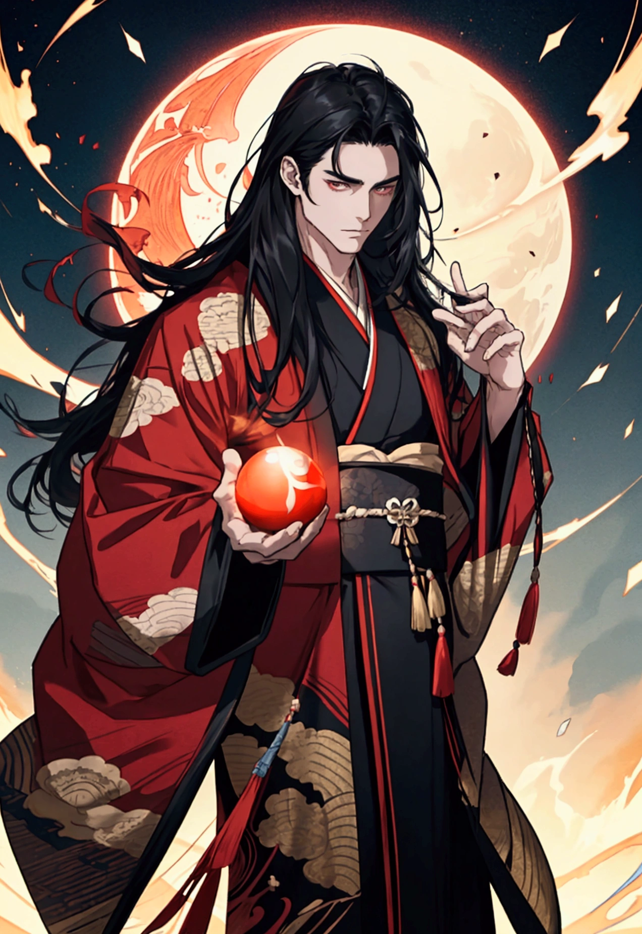 black haired, cold looking man, long hair, majestic features, wearing a kimono, holding a glowing red ball of energy in his hand, novel cover.