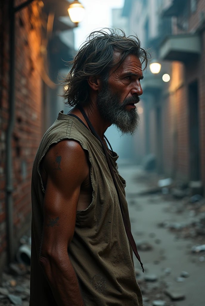 Ugly dirty angry homeless man full side view