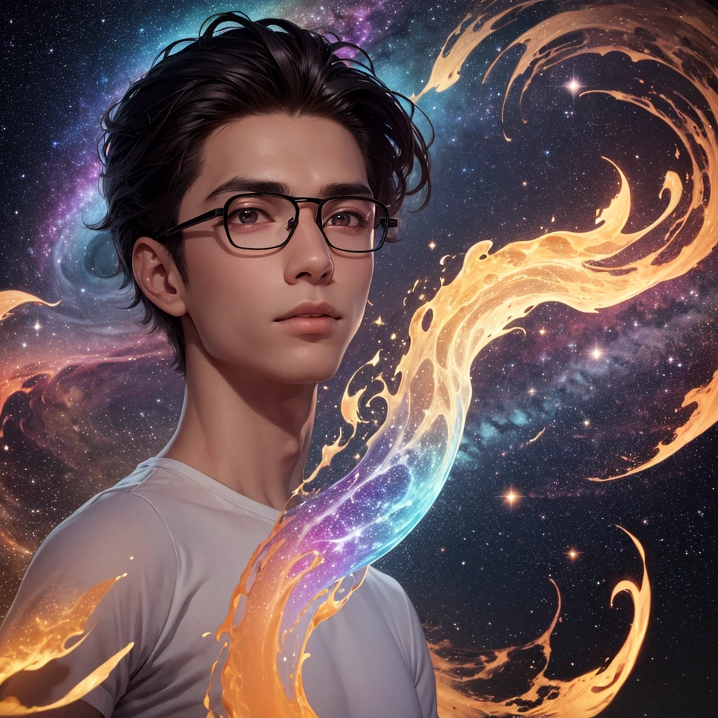 "Envision an expansive astral plane, glowing with soft luminescence in shades of starry yellows and reds, stretching endlessly upward. Central to this celestial scape is a mysterious young Brazilian man, standing in harmony with the cosmos, gazing directly at you. He is 18 years old, with fair skin, dark brown eyes, and black hair combed to the left side, slightly spiky. He wears a white t-shirt and slightly rectangular glasses that reveal the vibrant, colorful universe behind him. A small mole is visible on his cheek, adding a touch of realism to his mystical presence. The lower half of the scene transitions into a dark, vaporous essence that drifts behind him like a comet's tail, merging with the astral hues. The portrait captures the magnificent presence of this young man from Santa Catarina, embodying both the surreal and the mystical in complete harmony with the universe. The background is filled with cosmic swirls in vibrant colors, creating a magical, hyperrealistic, and extremely detailed scene, with beautiful galaxy lighting up the sky and amazing cosmic swirls."