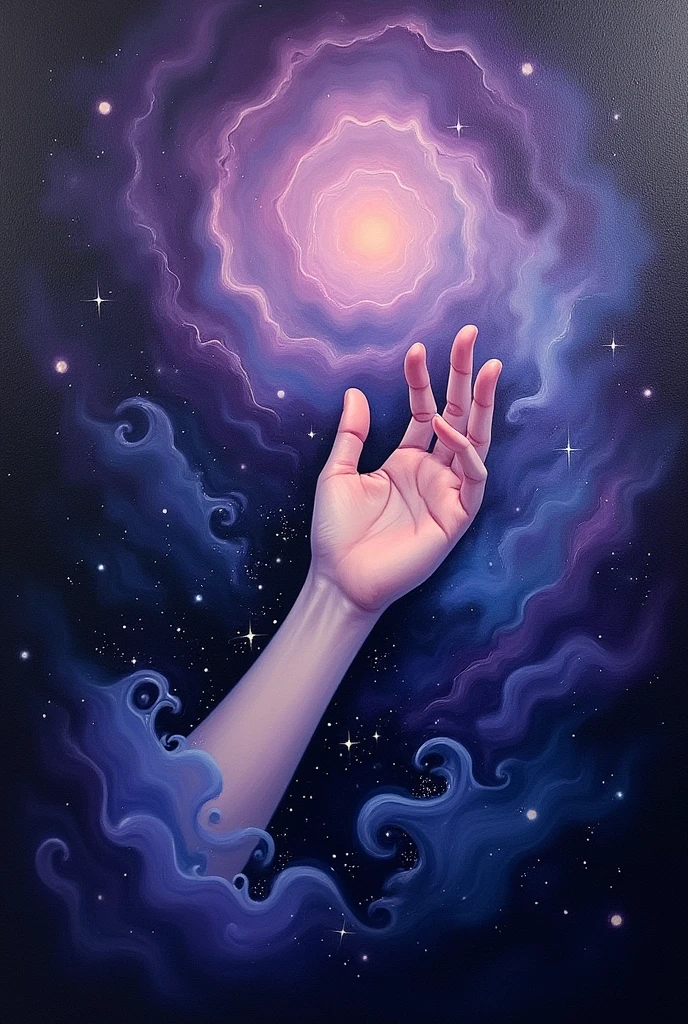 An abstract oil painting using shades of purple blue and black and a drawing of a hand