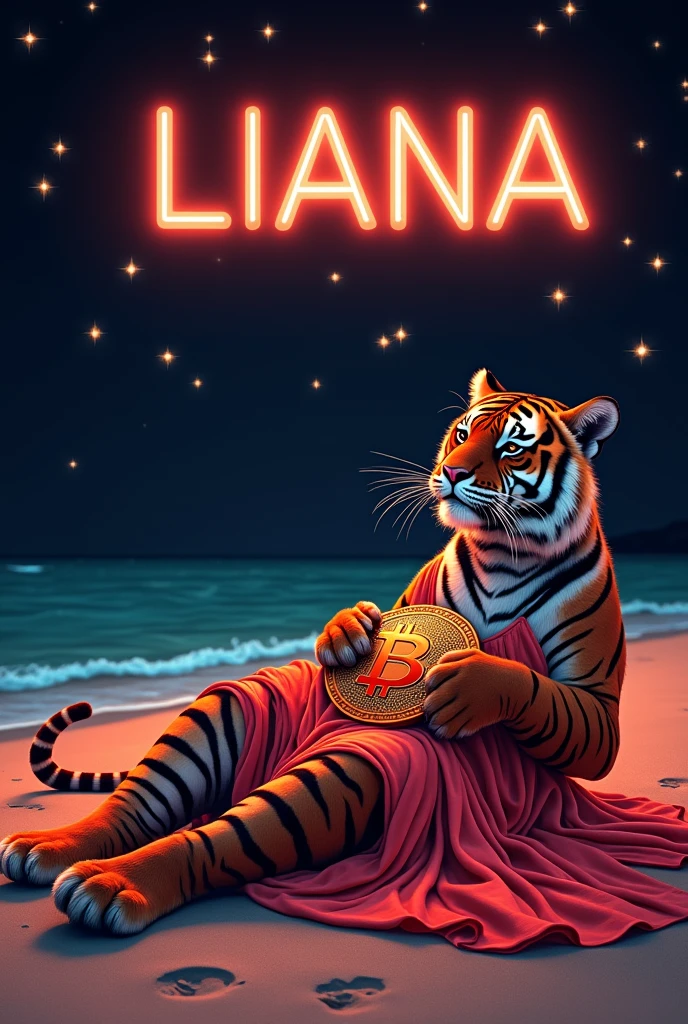 Take a photo in square size: A tiger in a dress is lying on the beach., She holds a Bitcoin-shaped purse in her paws., Make the background black with stars, Add lots of dollar signs and a large neon sign that says "LIANA"