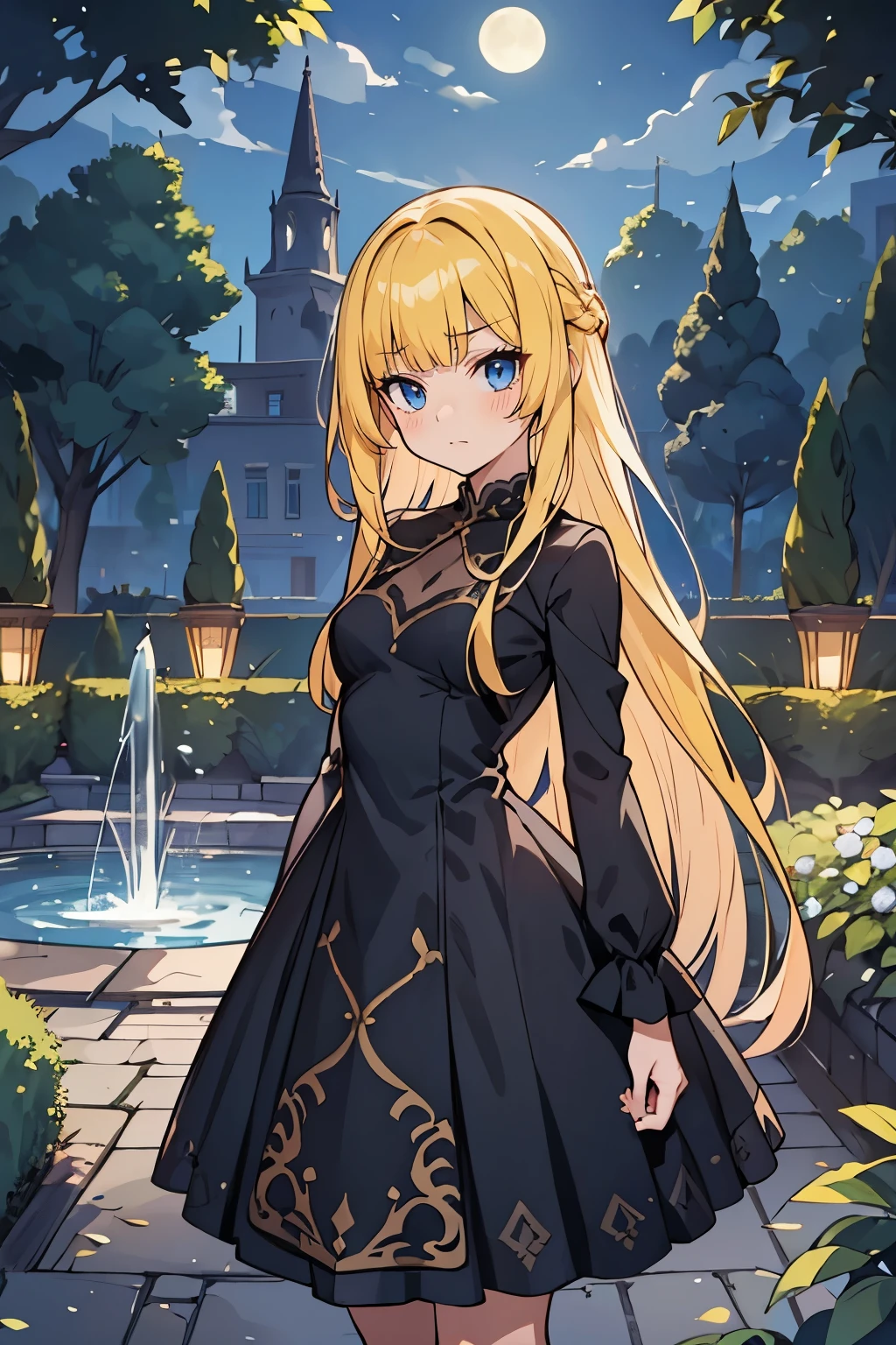 fairy_tail_style, solo, 1 girl, (young female body:1.4), (medium small breasts), golden yellow hair, extra long hair, blunt bangs, crystal blue eyes, very detailed blue eyes, mansion garden, standing on a cobble pathway, a moonlit garden with a fountain, rose bushes, night time, elegant black dress, maxi length black dress, long sleeves, form fitting dress, chic evening dress, party dress, cowboy shot