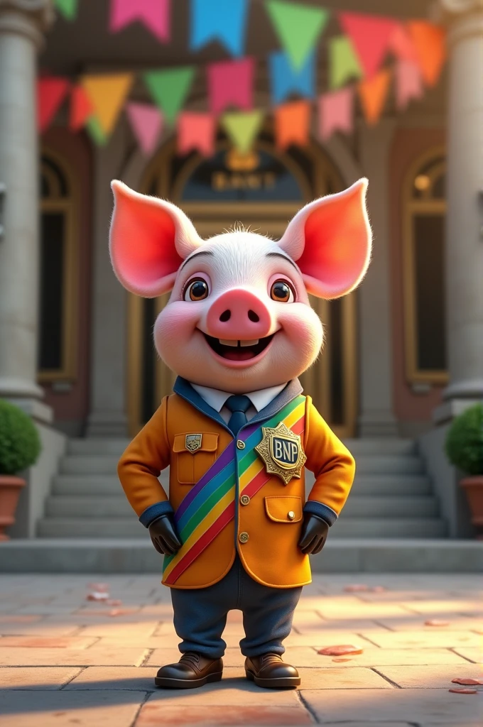 Make me a pig dressed as a security guard with a gay trend who guards the entrance of a Bank and has the initials BNP