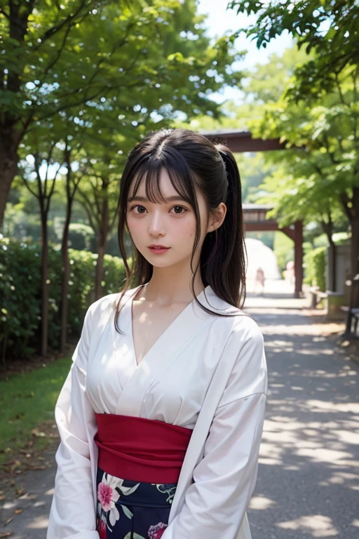 Please draw a situation where two people are standing next to each other.. first one、Beautiful anime-style young female character. Deep orange eyes、She has smooth black hair that reaches down to her shoulders.. hair is in a ponytail, Tie the top with a small red ribbon. He has a kind expression and a warm smile.. Make your eyes and expression cool. drooping eyes. She is dressed in a traditional Japanese kimono featuring a red and white color scheme. Small breasts. The background image is a Japanese landscape with a shrine.. The second person is、It is about making an anime character with dark green hair., Her bangs are straight across the top of her face.. Her hair is parted into two long braids, Tie the ends with a hair tie decorated with red and blue beads. She's big, purple eyes and freckles on the face. She is wearing a traditional Chinese-style cheongsam, Bright green. Her expression is calm, and、She is wearing a small blue ribbon near her ear.. The perspective is all over the body. The season is autumn. The background image is a Chinese landscape with a shrine.