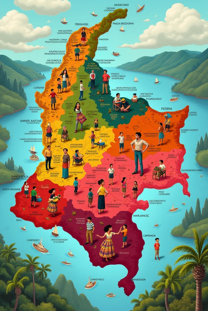 Create an image illustrating the different dialectal variations found in the different regions of Colombia
