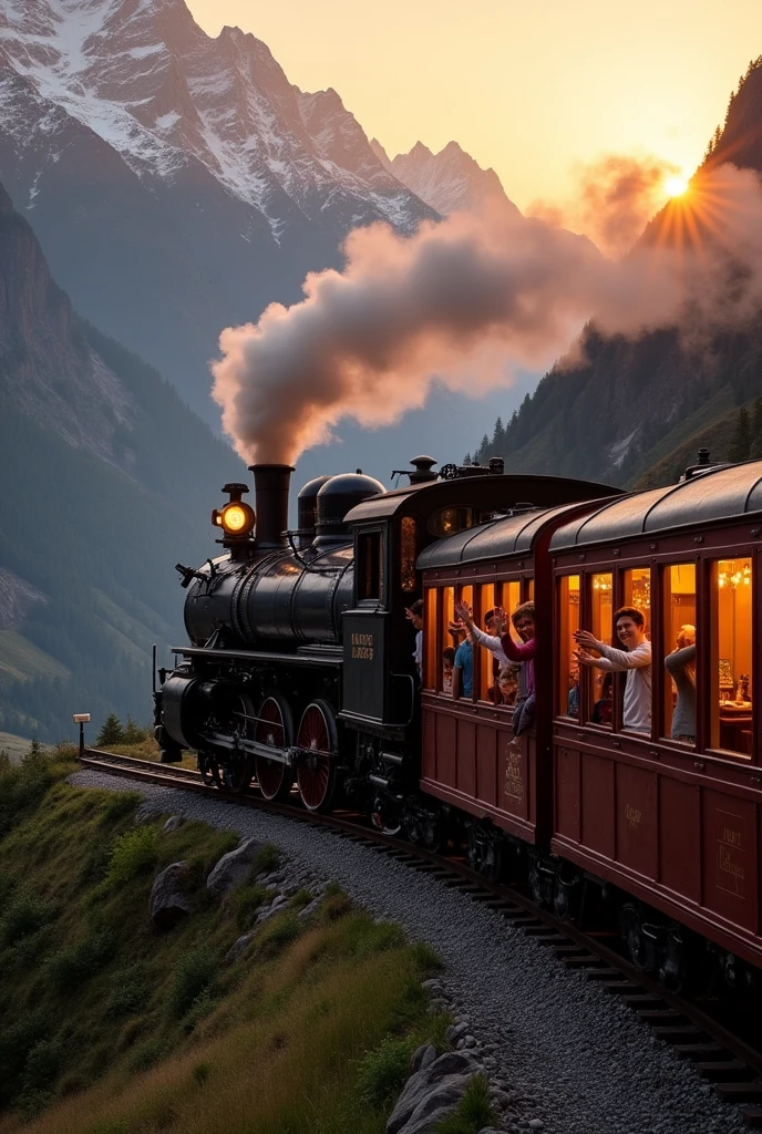 train. With mountains and people in the window waving goodbye towards the sunset