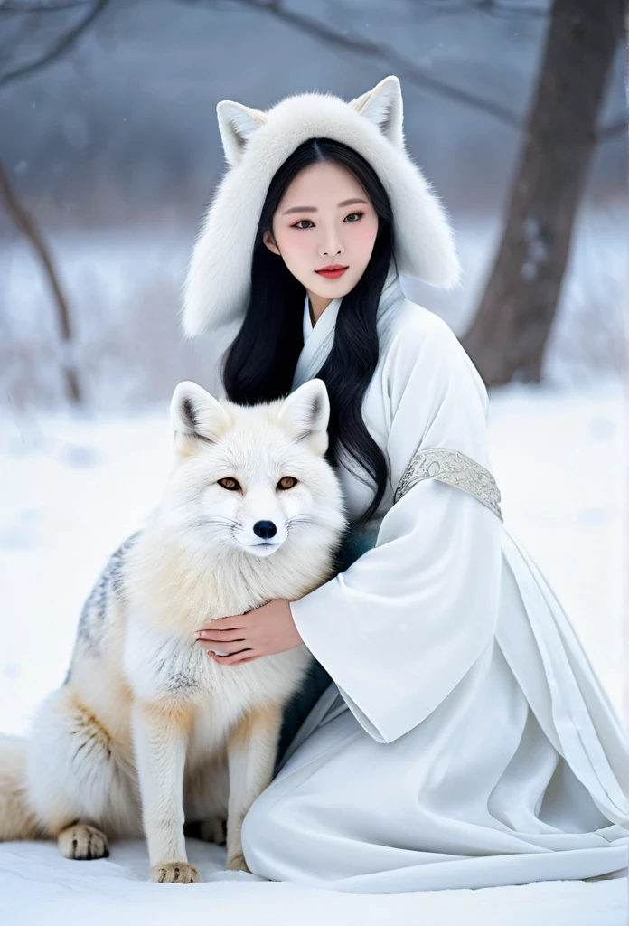 Korean woman, beautiful, pure white ancient Chinese dress ￼ hugging a very big white fox beside her in the snowy field, It&#39;s snowing., The orange evening sun&#39;s shadow shines in the background.