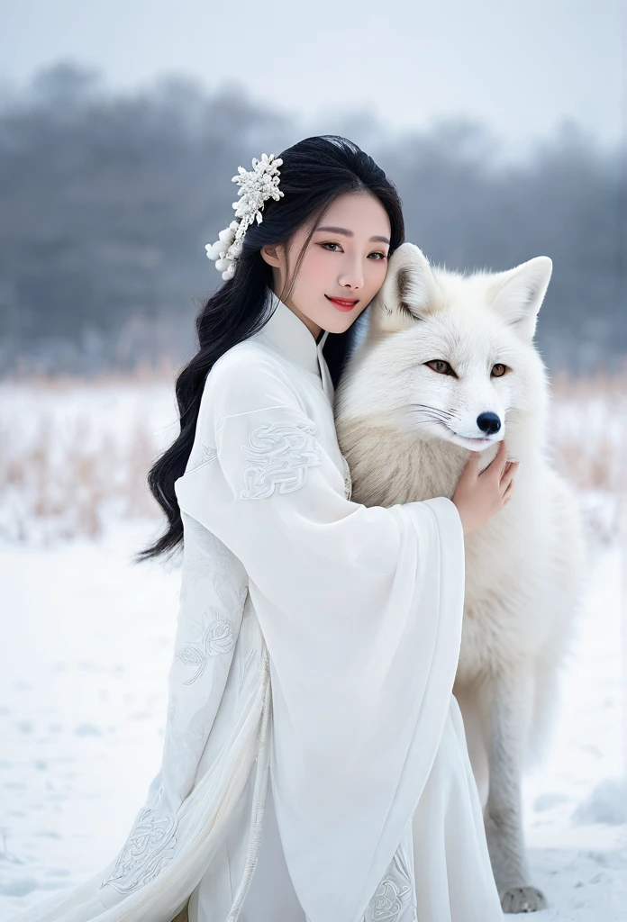 Korean woman, beautiful, pure white ancient Chinese dress  hugging a very big white fox beside her in the snowy field, It's snowing., The orange evening sun's shadow shines in the background.