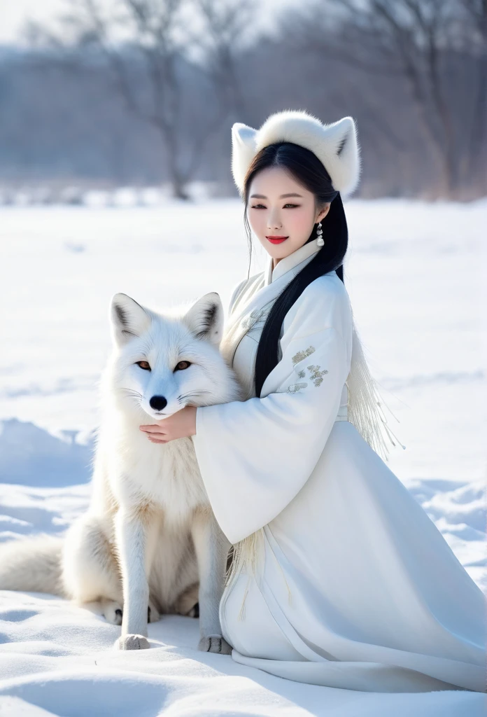 Korean woman, beautiful, pure white ancient Chinese dress  hugging a very big white fox beside her in the snowy field, It's snowing., The orange evening sun's shadow shines in the background.