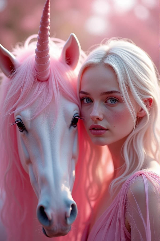 Film frame of hyperrealism, 8k, Highly detailed and realistic. In an enchanting, pink-toned magical garden, An albino woman of stunning beauty, with striking blue eyes and delicate freckles on her face, stands next to a majestic pink unicorn.. The air glows with sparkles and threads of gauze., As soft fairy lights cast a gentle glow. The scene is adorned with an abundance of glitter and sparkle., Creating a surreal and captivating atmosphere. Everything seems otherworldly., magical, And dreamy