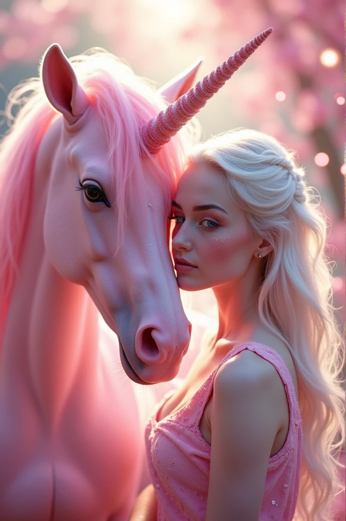Film frame of hyperrealism, 8k, Highly detailed and realistic. In an enchanting, pink-toned magical garden, An albino woman of stunning beauty, with striking blue eyes and delicate freckles on her face, stands next to a majestic pink unicorn.. The air glows with sparkles and threads of gauze., As soft fairy lights cast a gentle glow. The scene is adorned with an abundance of glitter and sparkle., Creating a surreal and captivating atmosphere. Everything seems otherworldly., magical, And dreamy