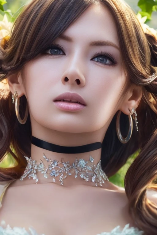 Beautiful black-haired woman with blue eyes, elegant and refined, fish, under sea,Highly detailed face, Detailed eyes, beautiful long eyelashes, complicated details, Award-winning digital art, movie light, Amazing color, realistic, 8k, Masterpiece、(Flowers hide her chest)、(A choker made of ivy)、(The entire body is covered in flowers)、(Bound by vines)、Super Real Photo、Illuminated from the left by strong light、((Flowers cover bare skin))、ponytail、(Bra made of flowers)、View from below、Highly detailed CG integration、Flowing Hair、Super long slit、Twin tails、Bun Hair、(Looking at the viewers with a lonely face)、Wavy Hair、(Random Hairstyles)、(Big earrings、Bracelet)、A strong light shines in.、Particles of light、Dazzling Light