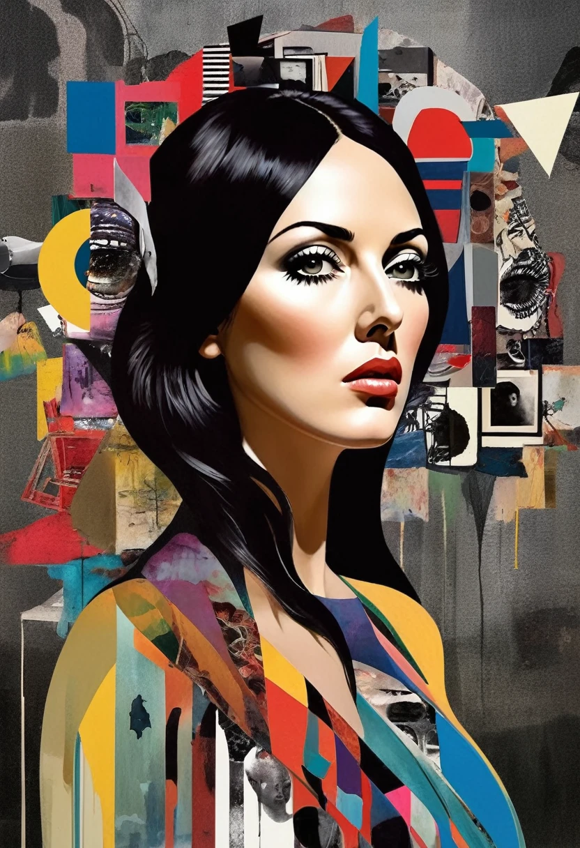 Monica Bellucci themed, Surreal and strange dislocation art：Collage, There are many different things on the faces, somber colors, Geometric Dislocation, Hollow, Artistic sense, Painting, paint, Simple, effect, Collage, Conceptual art, Dadaism, psychedelic rock
