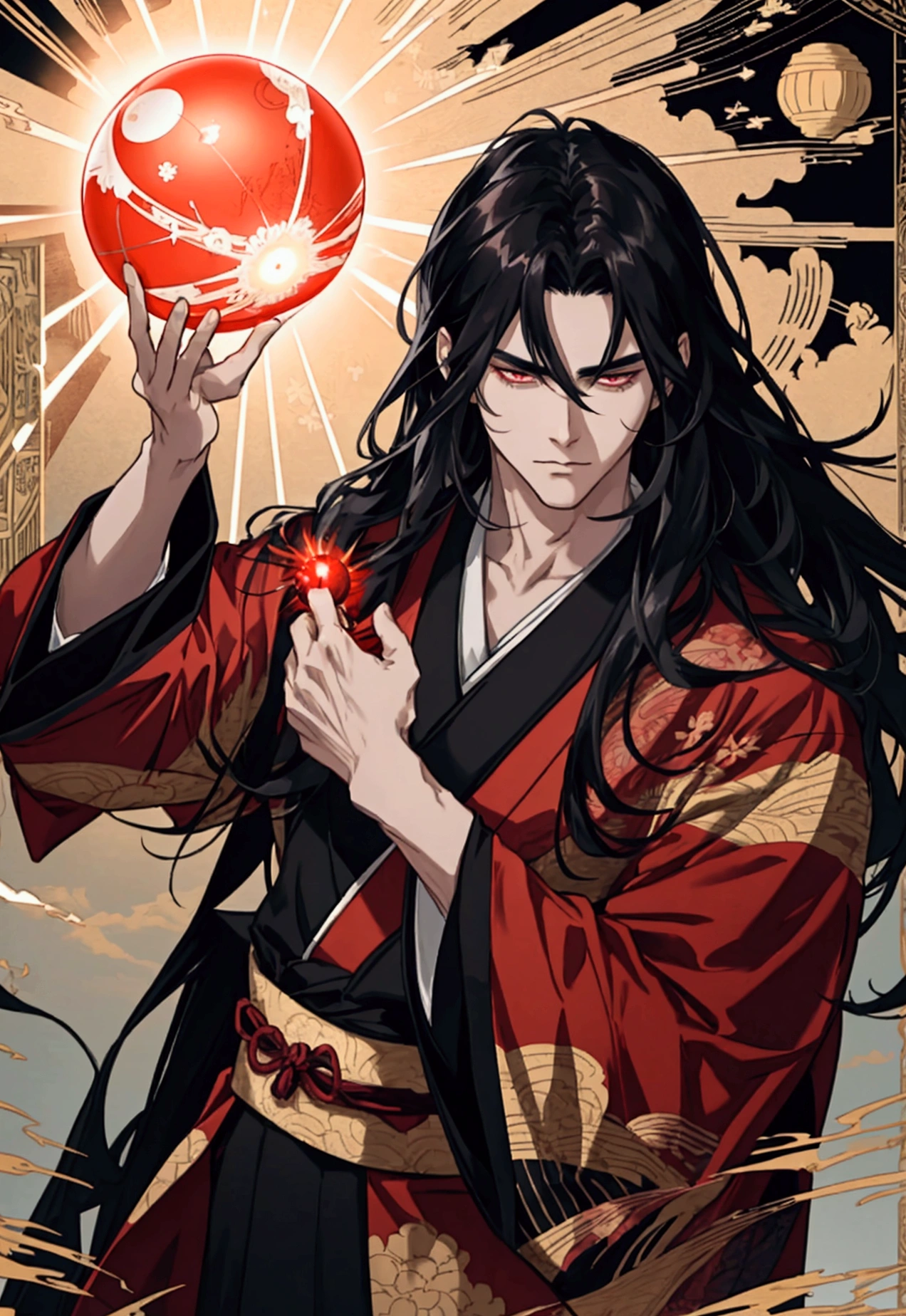 black haired, cold looking man, long hair, majestic features, wearing a kimono, holding a glowing red ball of energy in his hand, novel cover.