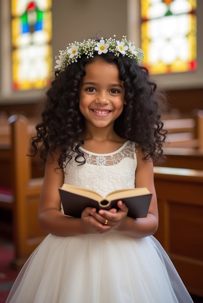 Drawing of a girl making her first communion dressed in white with curly black hair