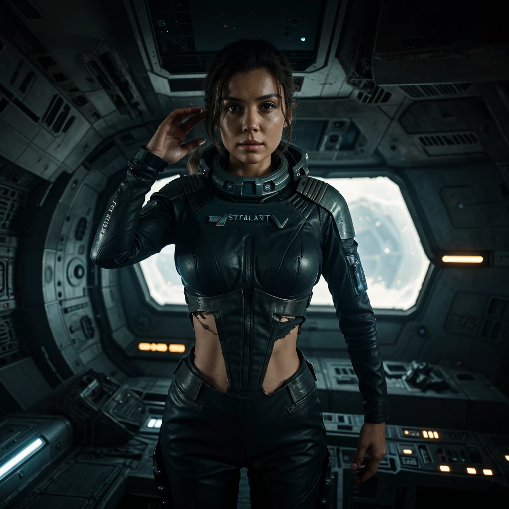 a woman in a worn and torn futuristic interstellar fleet uniform outside the half-destroyed interstellar fleet spaceship, the woman with her hands raised is interrogated by an alien, the scene is framed in close-up and very detailed
