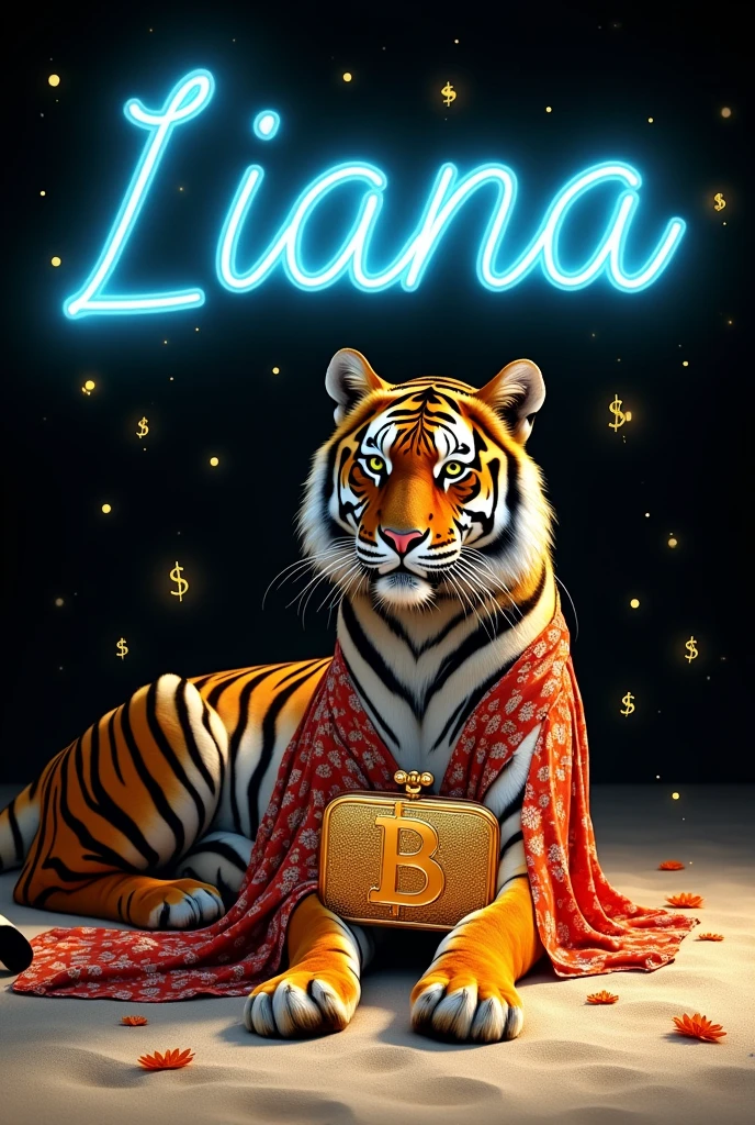 Take a photo in square size: A tiger in a dress is lying on the beach., She holds a Bitcoin-shaped purse in her paws., Make the background black, add lots of dollar signs and a big neon blue inscription "LIANA"