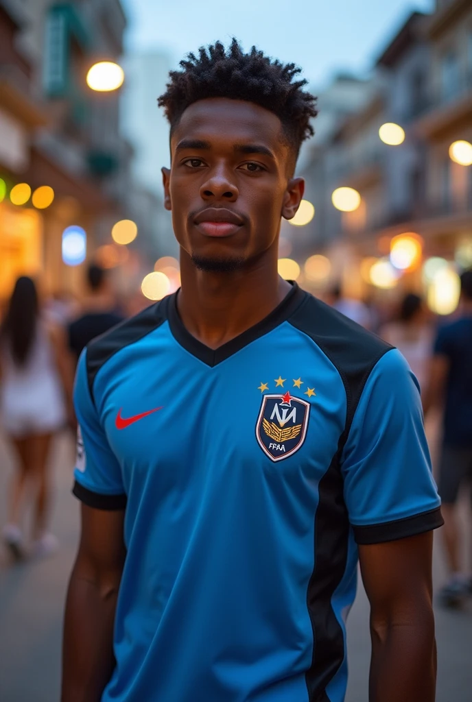 Create a brown-skinned man with the age of 23 years old., curly hair and short on the sides, man with a statista style wearing the Grêmio FBPA football club shirt