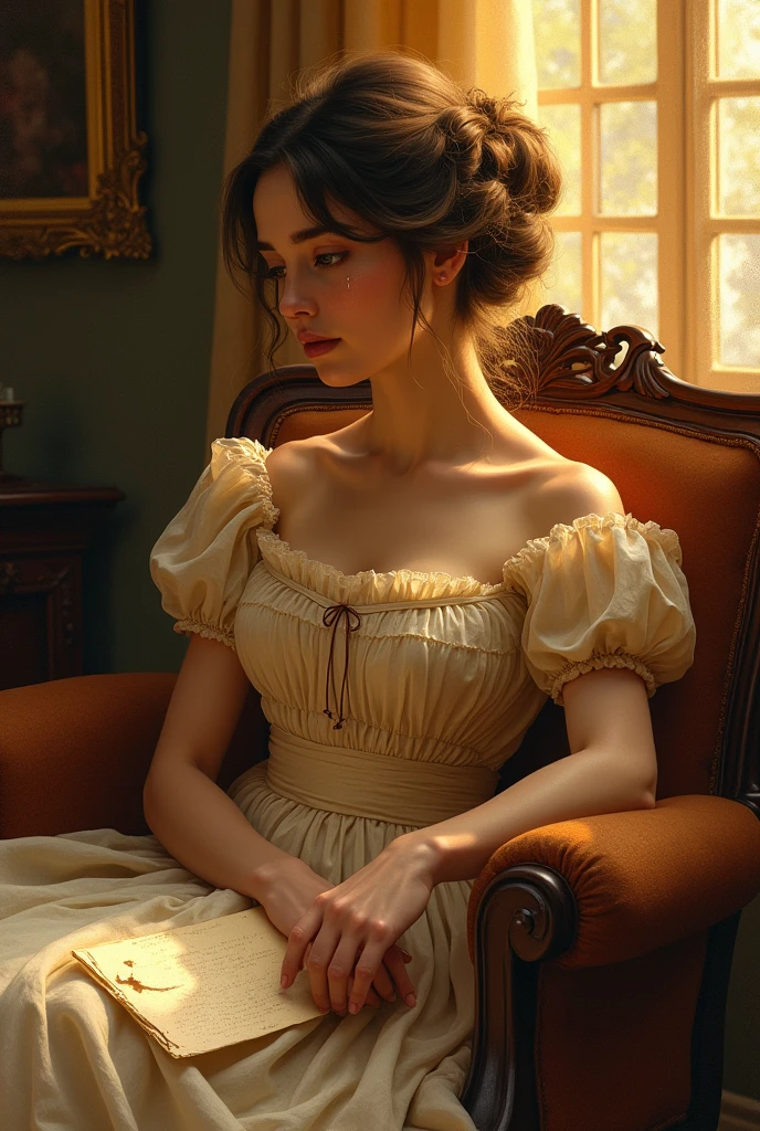 one young crying woman wearing 1900's clothes, sit on an arm chair, sunset though the window, John Singer Sargent style, beautiful, painting, detailed with a letter in his right hand