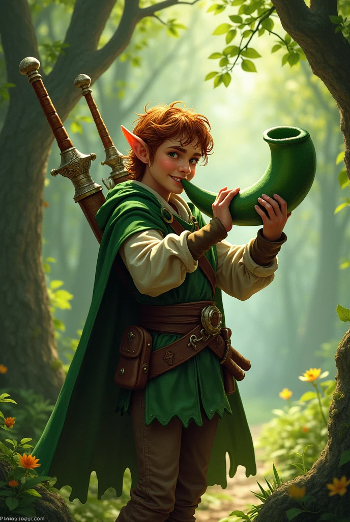 A fantasy character, rogue half elf, short, around 1,5m and 50kg, playing a big green bagpipe instrument and has 2 short swords that are sheathed, male. 