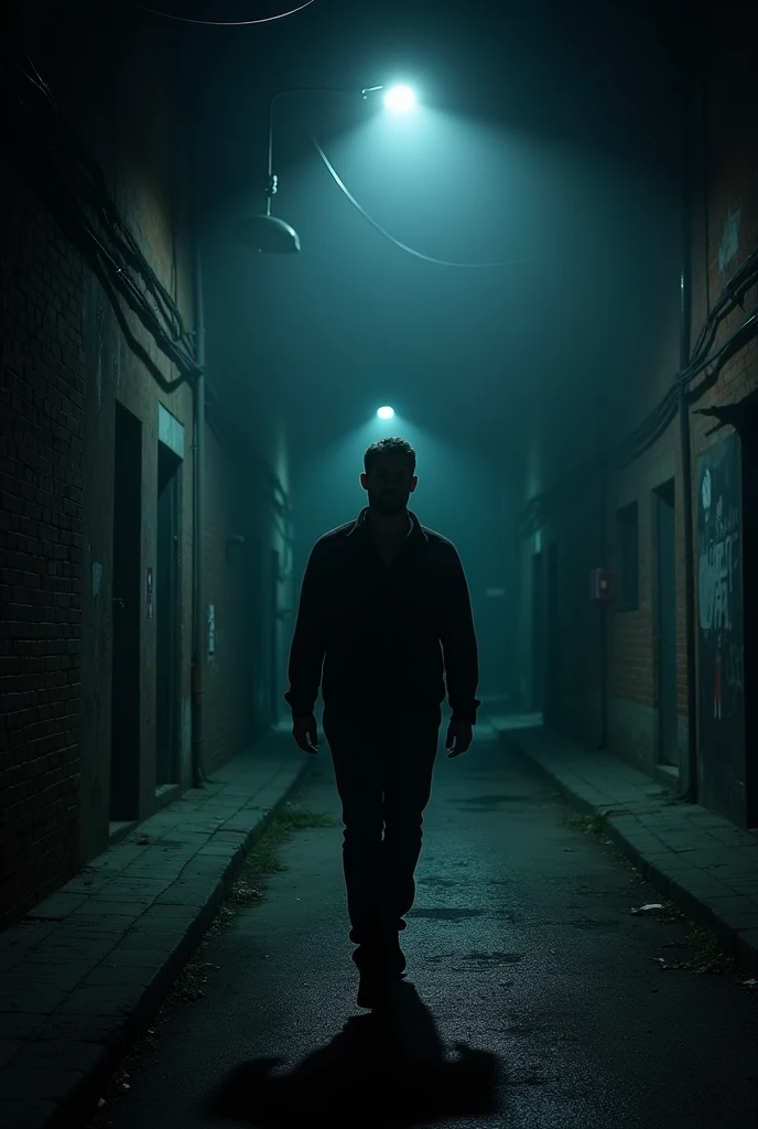 a 35 year old man walking down a dark street,only a single light showing his silhouette smiling,horror book cover,moody lighting,dramatic shadows,cinematic composition,detailed facial features,sharp focus,ultra-detailed,masterpiece,photorealistic,high contrast,dramatic mood,gritty urban environment,ominous atmosphere