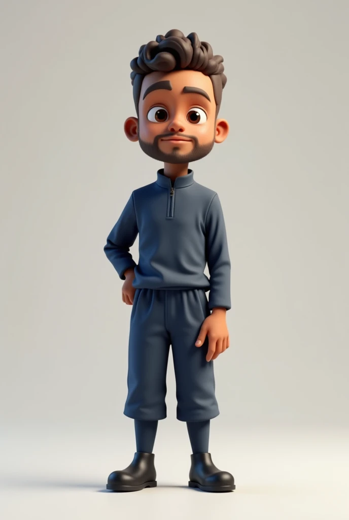 Create a 3D adult male mascot, beardless, light brown skin, thin, with a thin face and a thin chin, brown eyes, wearing a dark blue uniform with dark blue pants, no logo, no details, and black boots. , and also with short, curly hair and a little bit of a bald spot with a slightly thin nose , continue creating the same character but a little taller and in different poses, but I just want a mascot