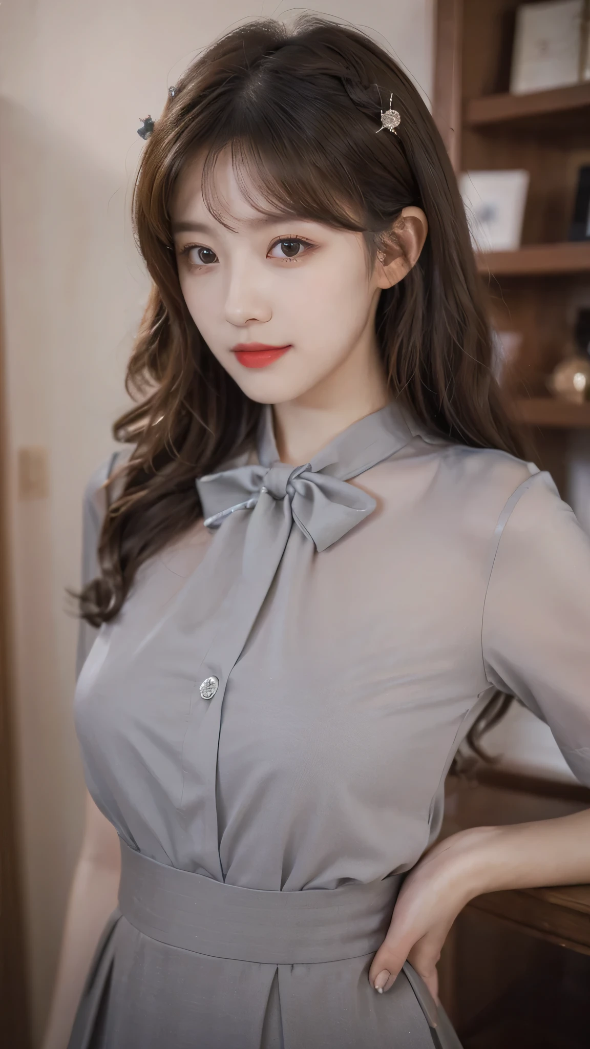 detailed background, masterpiece, best quality, 1 person , curly hair, long hair, purple eyes, star in eye , grey blouse, long skirt, grey , grey blouse , beautiful bow, detailed bow, indoor , hair accessories, jewelry, red lips