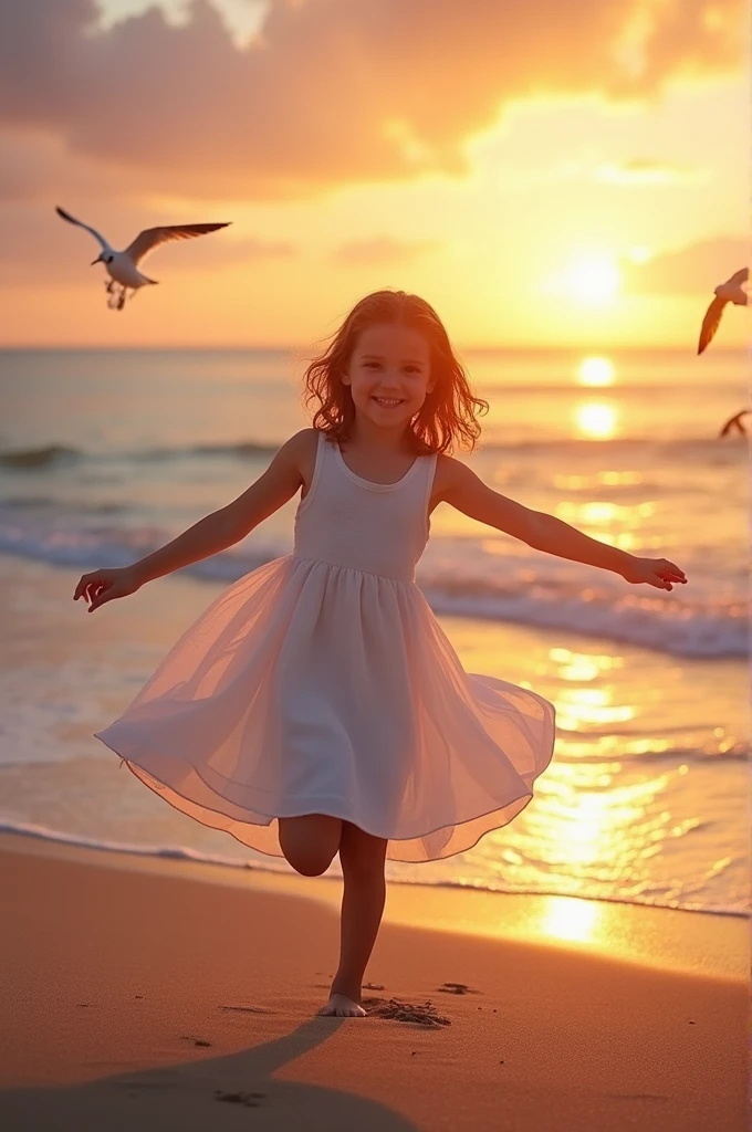 a girl wearing white dress dancing at the beach, sunset background 