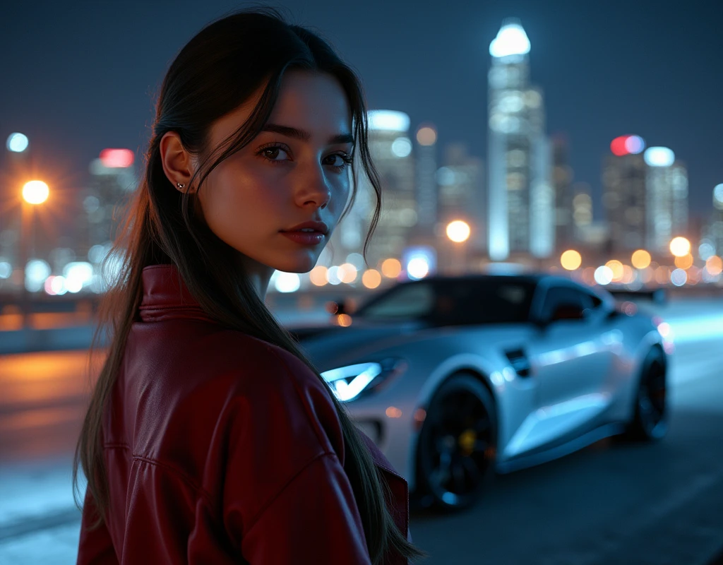 a beautiful girl posing in front of a luxury sports car, detailed face, delicate features, stunning skyline cityscape, night scene, dramatic lighting, cinematic composition, (best quality,4k,8k,highres,masterpiece:1.2),ultra-detailed,(realistic,photorealistic,photo-realistic:1.37),HDR,UHD,studio lighting,professional,vivid colors,bokeh,concept art
