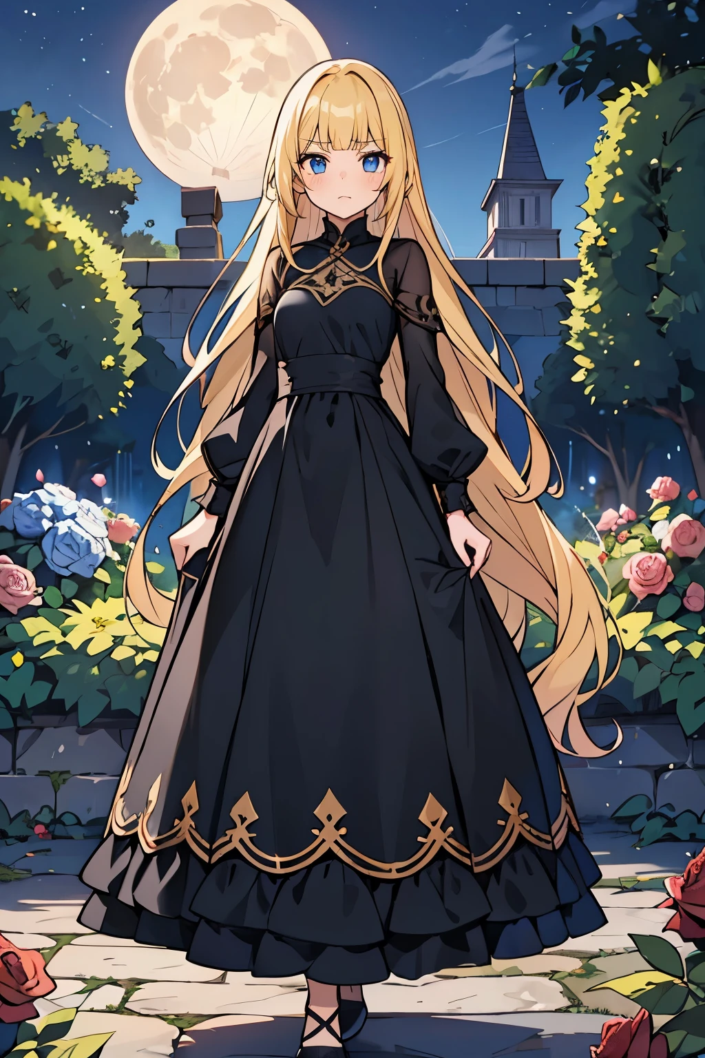 fairy_tail_style, solo, 1 girl, (young female body:1.4), (medium small breasts), golden yellow hair, extra long hair, blunt bangs, crystal blue eyes, very detailed blue eyes, mansion garden, standing on a cobble pathway, a moonlit garden with a fountain, rose bushes, night time, elegant black dress, maxi length black dress, long sleeves, form fitting dress, chic evening dress, party dress, cowboy shot, flower in hair