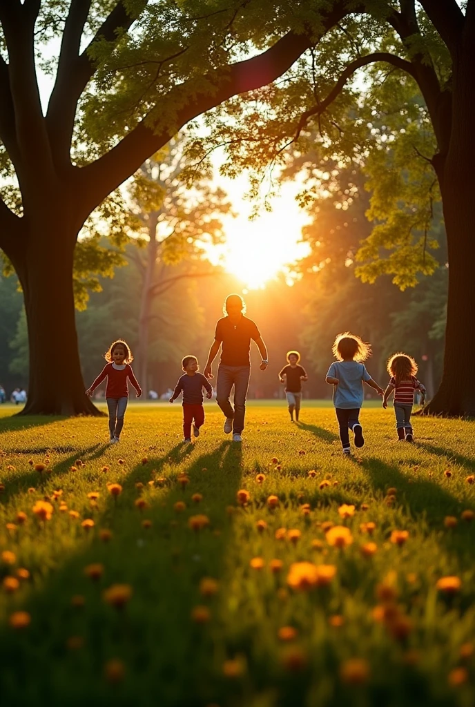Late afternoon with sunset in New York park with people and families playing and smiling