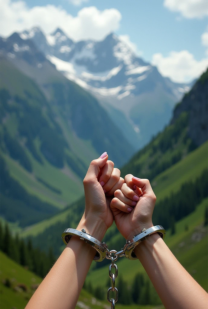 Mains de femme menottées avec points serrés. la chaîne entre les menottes est cassée en deux, avec un fond d’écran de montagnes moitié enneigées, moitié vertes