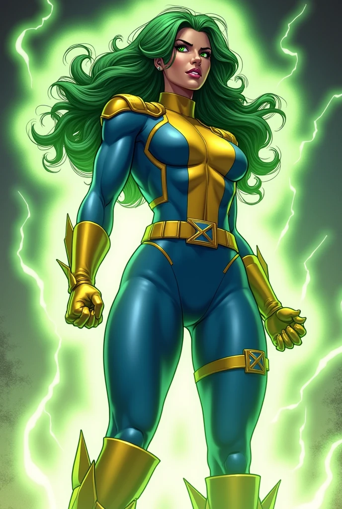 Lorna Dane, polaris x-men, (win pose:1.6), (green thick wavy long hair:1.4), (huge breast:1.6), wearing a blue costume, big yellow in the chest and stomach, with yellow xmen belt, yellow glowes, yellow boots, (screenshot of a beat em up videogame), (she's surrounded by a green energy:1.5), (comic style:1.4)