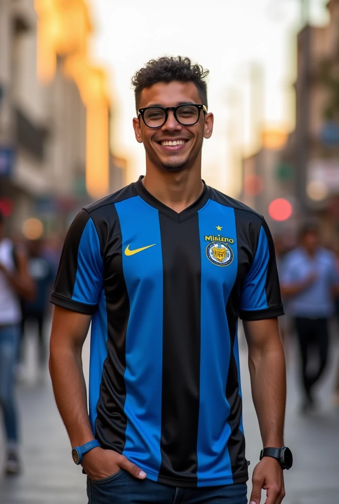 Create a white man with glasses and 23 years old, curly hair and short on the sides, man with a statista style wearing the Grêmio FBPA football club shirt