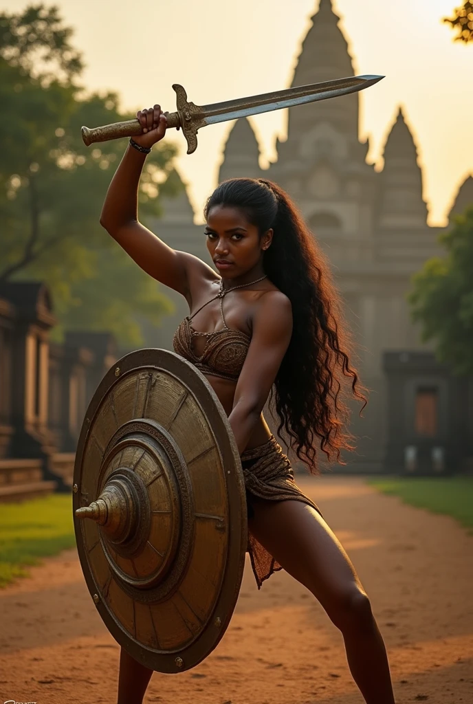 Kalaripayattu woman with sword on one hand above head and shield in the other hand, raising from the ground with warrior pose and one leg stretched and has very fierce eyes, fit body and long thick hair, facing the audience.