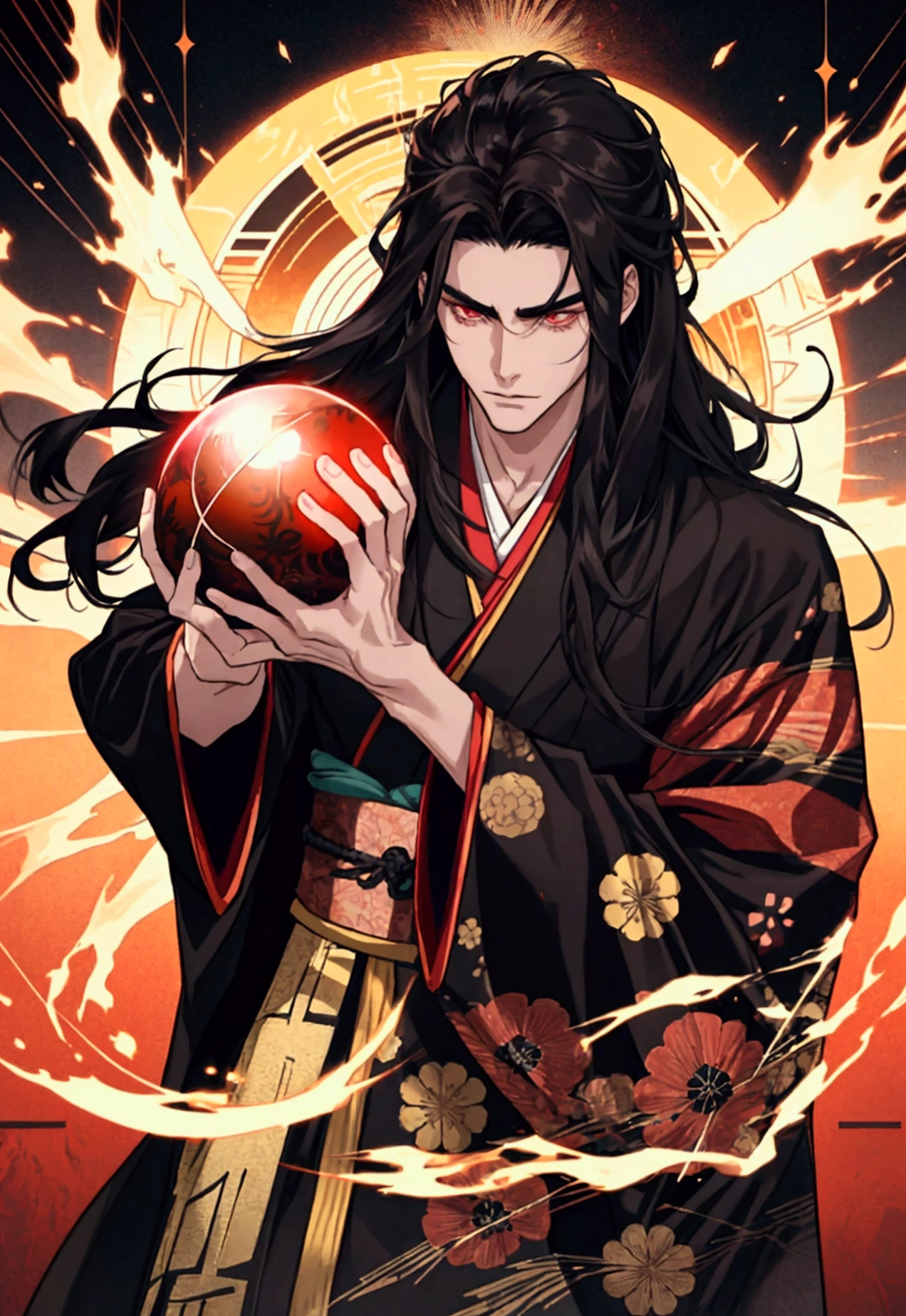 black haired, cold looking man, long hair, majestic features, wearing a kimono, holding a glowing red ball of energy in his hand, novel cover.