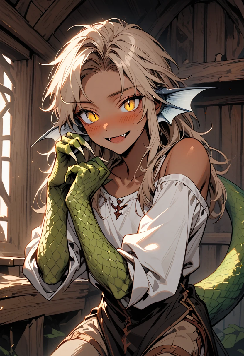male, solo, tall, large, human face, very slim waist, fit, long messy light brown hair, yellow eyes, slit pupils, lizard tail, scale claws, scales on forearms:0.5, light tan skin, broad shoulders, clean shaven, reptilian head fins, blush, cabin, indoors, shoulders, white poet shirt, tan britches, medieval, feminine male:1.4, close up, shy smile, fangs, shy pose