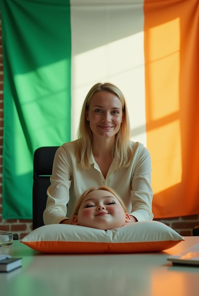 An Irish woman with no head is sitting in a brightly lit office with daylight, And behind the headless woman is the Irish flag and on the table, in front of the body, there is a small pillow with a disembodied head smiling at the camera