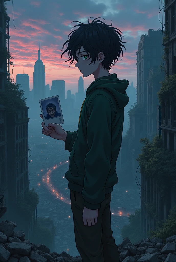 Anime male character standing looking at the ruined city after the monster pandemic