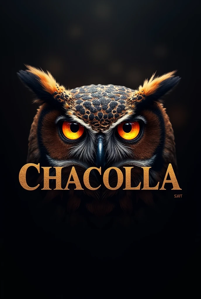 I need a logo with owl eyes that includes the word CHACOLLA integrated into the image in a golden color in an elegant way.