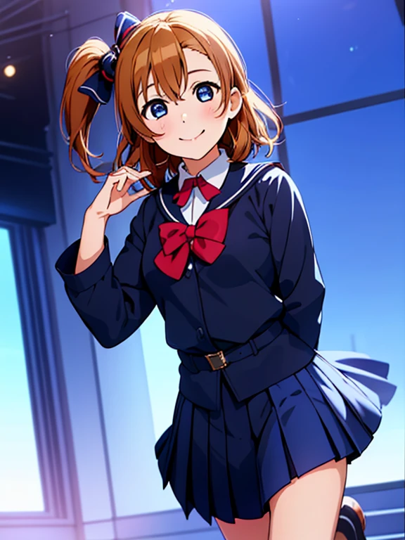 1girl, solo,(best quality),(masterpiece:1.1),blue (school uniform:1.4),dress, looking_at_viewer, neck_ribbon, smile, black eyes , studio background, cute, clear facial skin