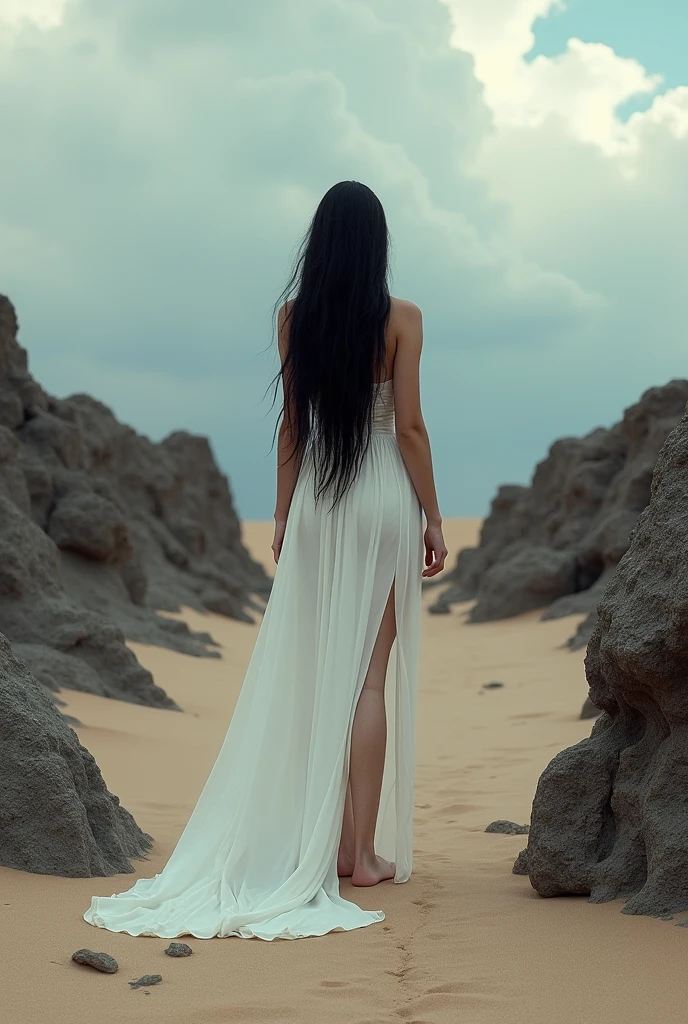 (Photorealism:1.1) desert, beautiful woman, black long hair, god, Long legs, bare legs, gloomy atmosphere, Black Rocks, long white dress, long train of the dress, barefoot, high detail, long shot, steampunk atmosphere, strong wind, Beautiful sky with clouds
