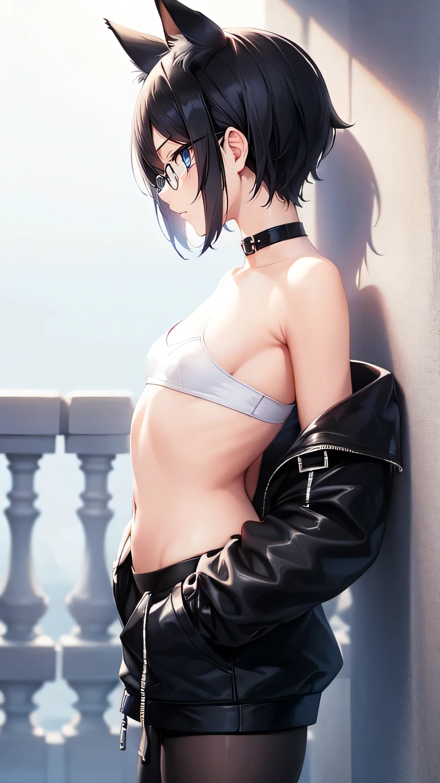 1girl, short hair, black hair, pony tail, blue eyes, choker, small breasts, flat chest, side view, from the side, cropped hoodie, cat ears, cat tail, Black leggings, black yoga pants, slim waist, skinny, ribs, anorexic, , glasses, standing and bending over, bending at the waist, indoors, window open, moonlight, best quality, 