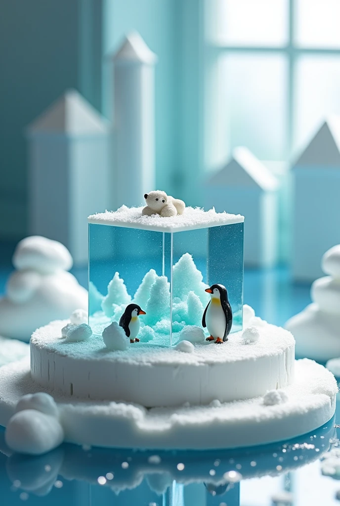 A homemade craft, miniature, A cube with mirrored sides, on a white circular base, on that base there will be ice and glaciers and their fauna