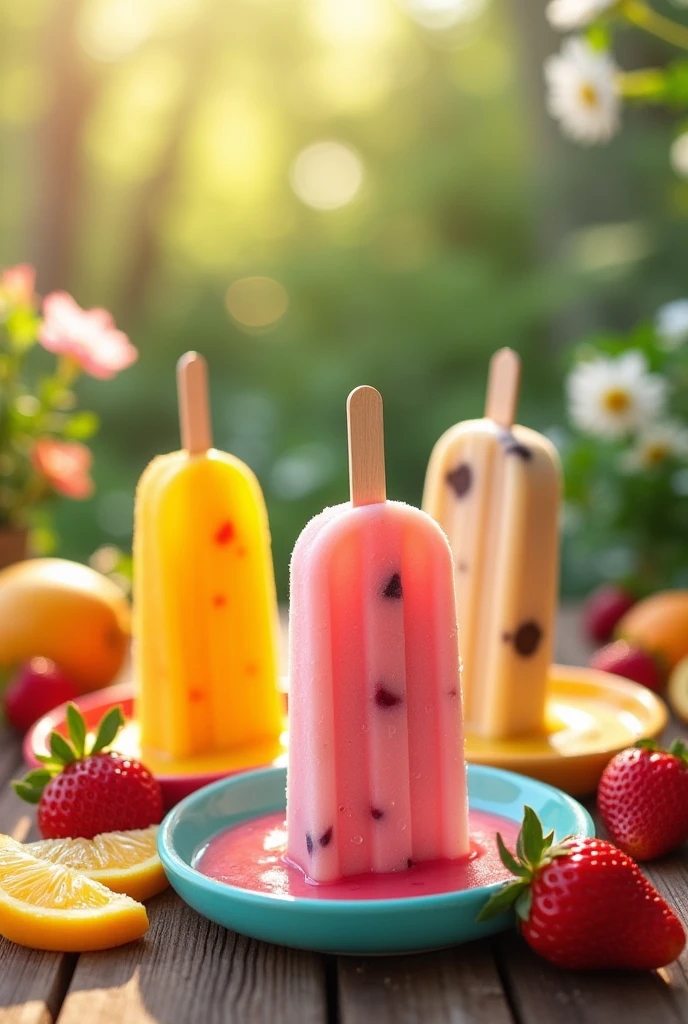An image with three popsicles the flavors are mango,strawberry light and cookies