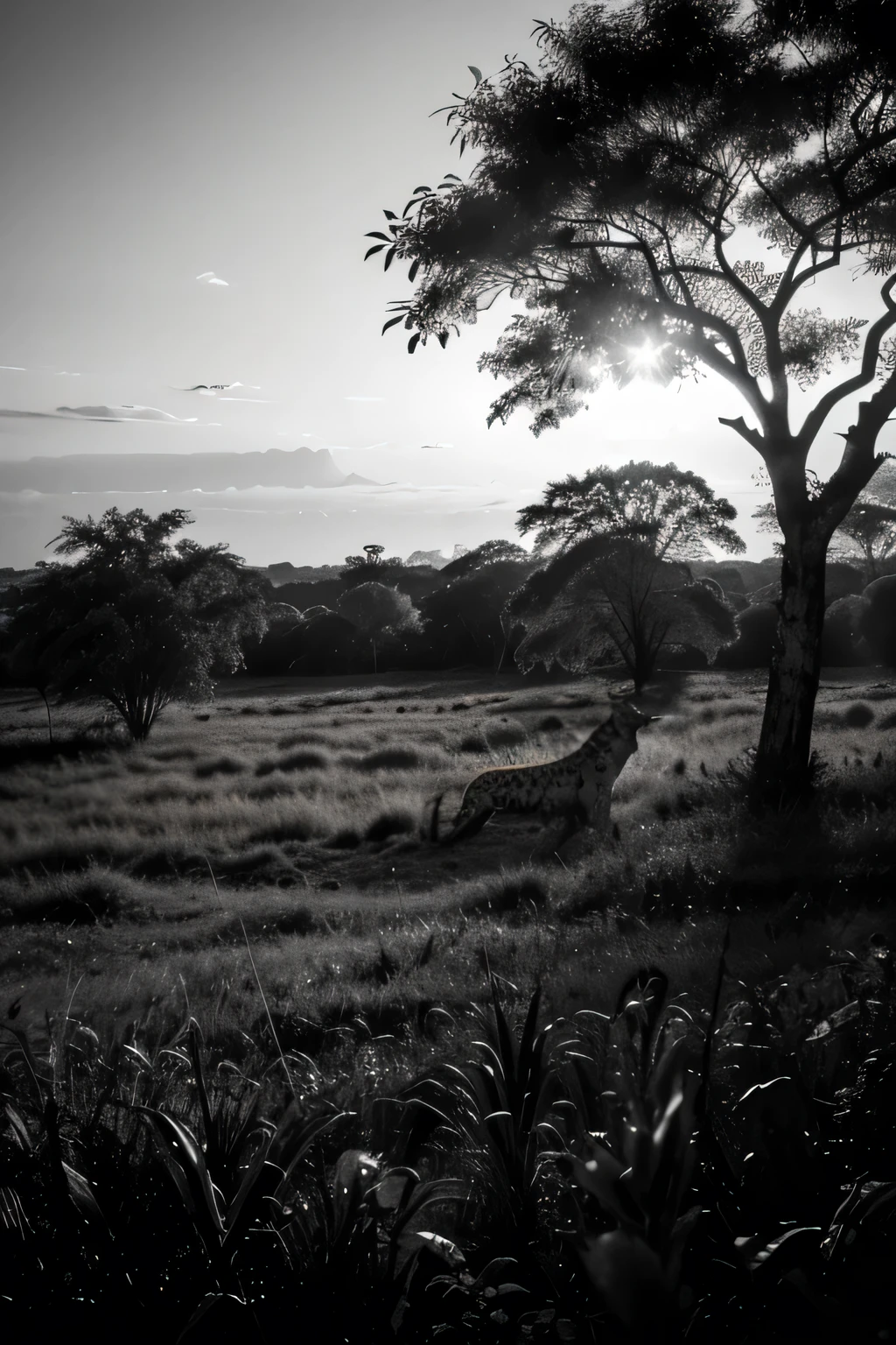 A silhouette of jungle grasslands with a cheetah prowling, in black and white with the edges of the picture fading away.