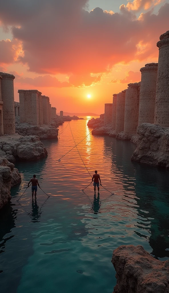 Ultra-realistic image in 8k "An image focused on the ruins of Tyre, with remnants of fallen walls and columns in the water, being used as a passage to the sea. No fundo, see local fishermen casting their nets over the ruins, symbolizing the fulfillment of the biblical prophecy of Ezekiel. The sea is calm, but the scene is marked by a sense of desolation and abandonment, with the sunset painting the sky red."
