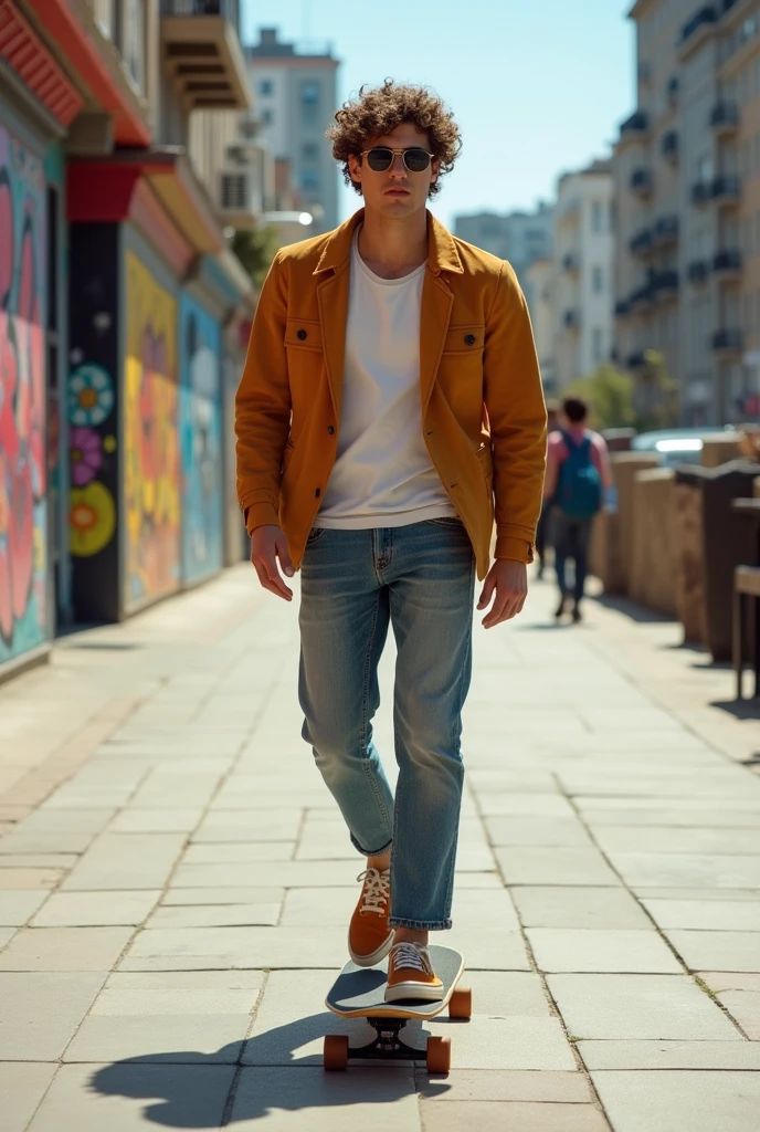 Create a white man with glasses and 23 years old, curly hair and short on the sides, stylish man, a statist, skateboarding 