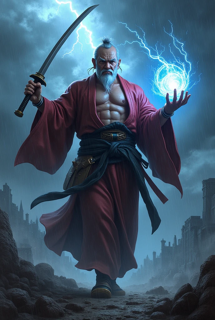 Jinpachi, an old, muscular man in a kimono, from the Tekken fighting game series, with a katana in his right hand and a lightning ball in his left hand walking towards the camera in a completely apocalyptic background with rain-laden clouds and thunder striking in the background in the style of the Elden Ring game