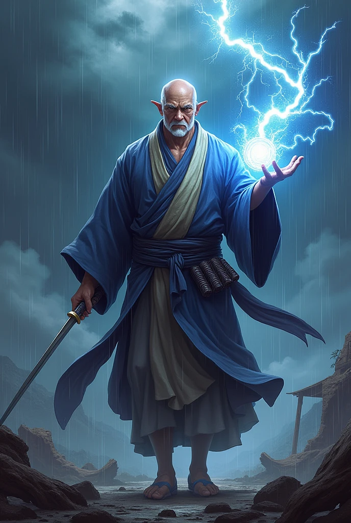 Jinpachi, an old, muscular man in a kimono, from the Tekken fighting game series, with a katana in his right hand and a lightning ball in his left hand walking towards the camera in a completely apocalyptic background with rain-laden clouds and thunder striking in the background in the style of the Elden Ring game